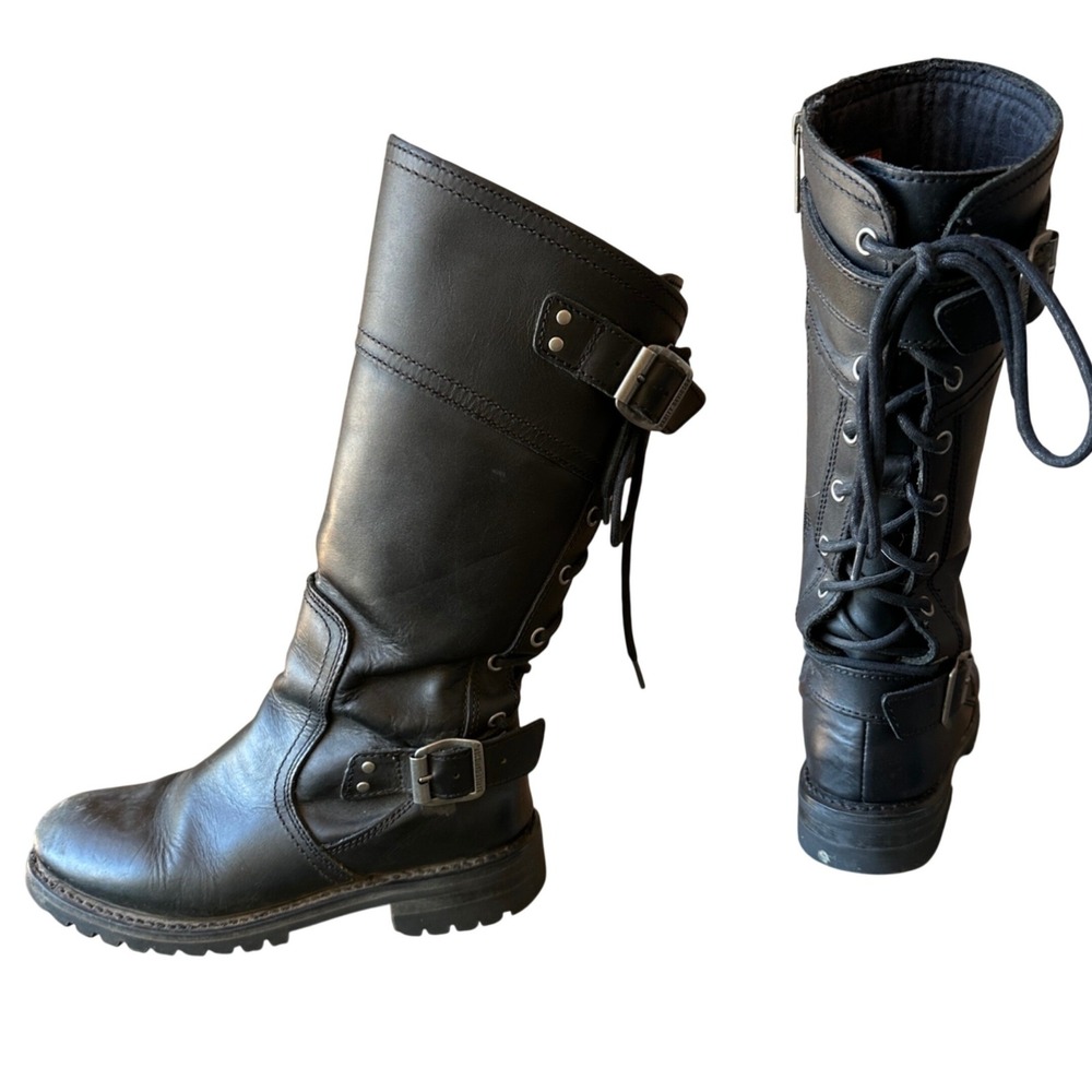 Harley Davidson Womens Black Leather Lace Up Buckle Biker Boots Size 7.5